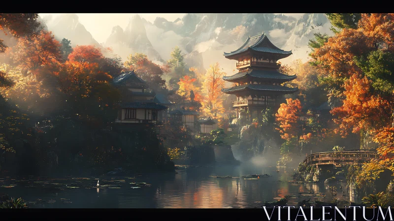 Autumn pagoda sanctuary dreaming beside a mist-kissed lake.