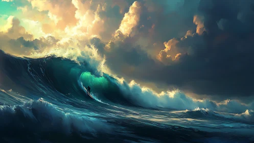 Lone surfer greeting a glowing storm-tipped ocean wave.