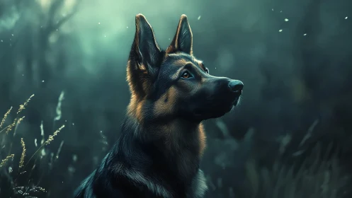 Canine profile under teal backlight with volumetric forest haze.