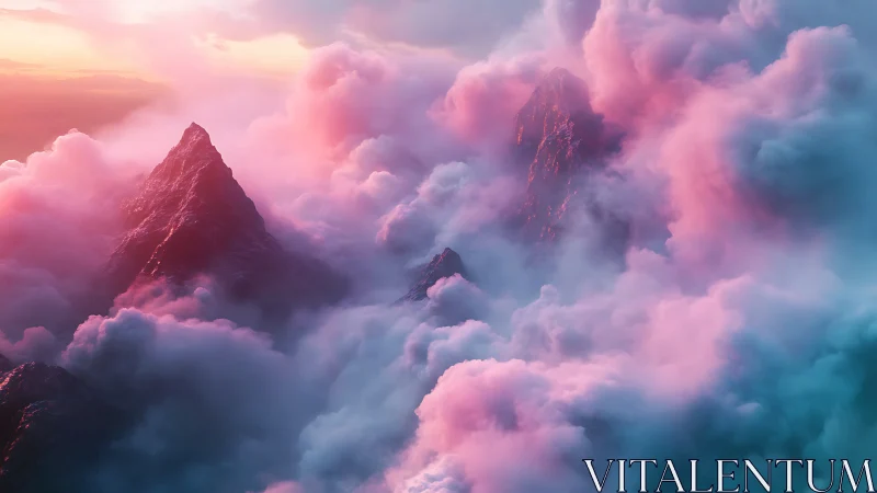 Digital painting of neon dusk peaks in iridescent cloudfields.