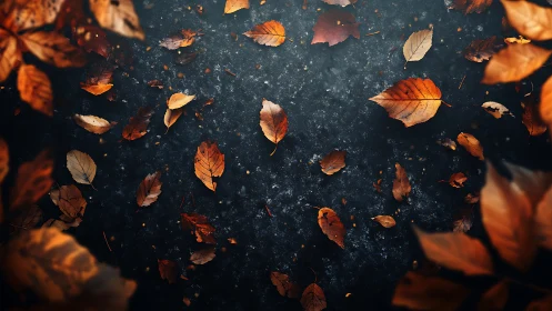 Golden autumn leaves drifting gently across dark ground.