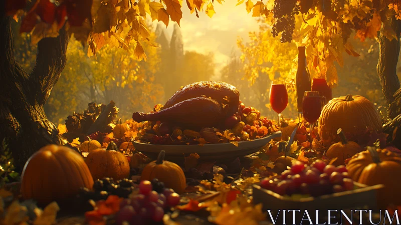 Golden autumn feast table with roast turkey and pumpkins.