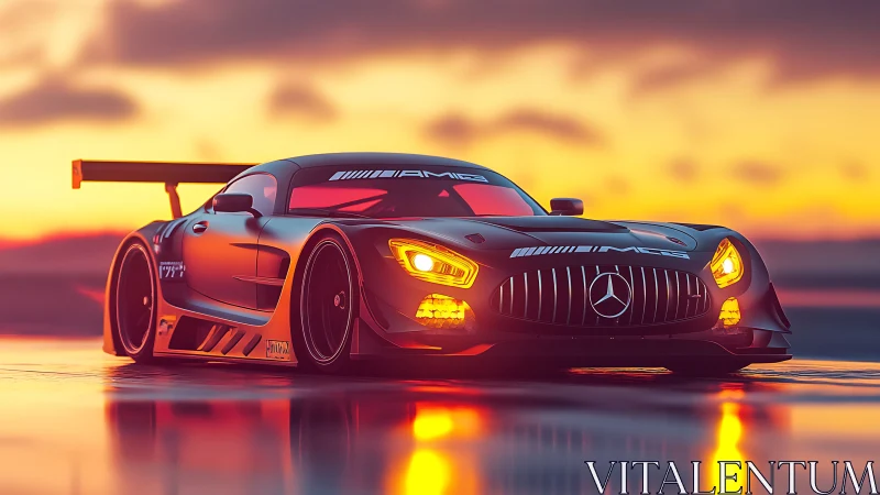 Sunset-lit Mercedes race car glows softly on a wet track