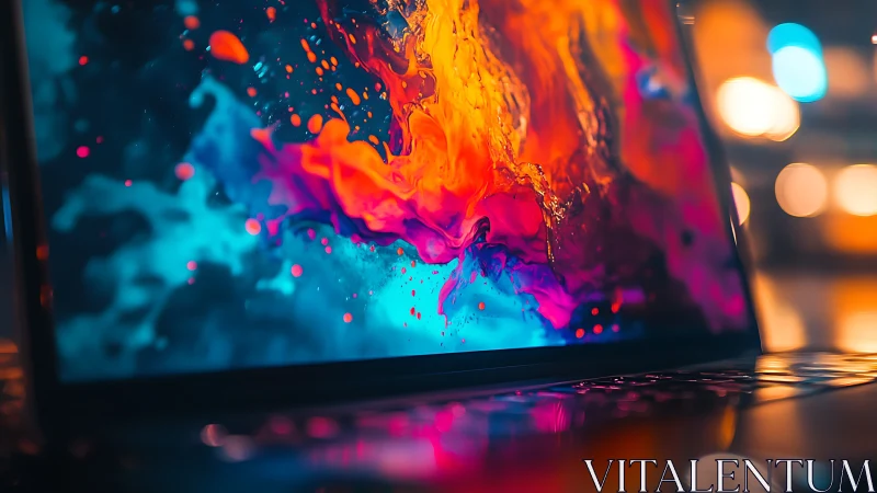 Laptop display erupts with vivid neon fluid abstract art.