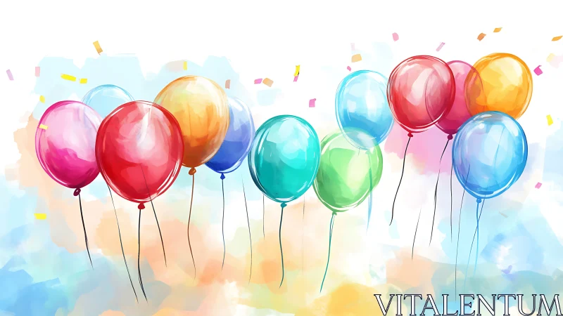 Translucent Balloons Suspended Against Watercolor Cloud Background.