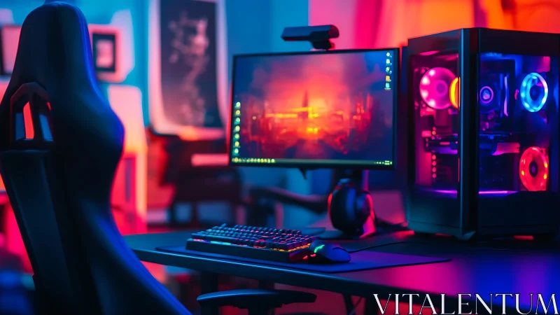 RGB-lit gaming PC setup glows in a sleek modern studio