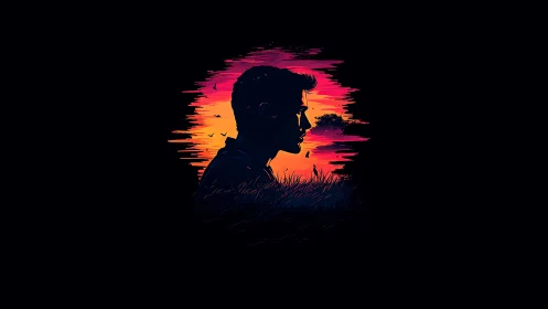 Silhouetted male profile integrates into neon-gradient sunset field