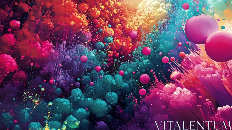 Dense neon abstract cloudscape with floating pink spheres.