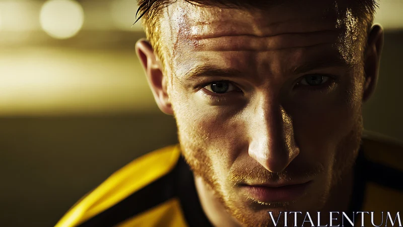 Focused male athlete portrait in dramatic warm lighting.