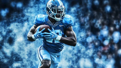College football runner in blue uniform holding ball in motion.