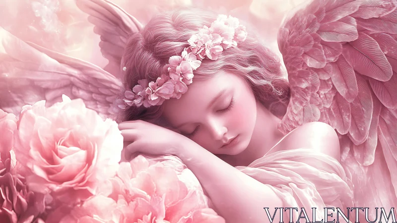 Blushing angel drifts into dreams on a bed of soft roses