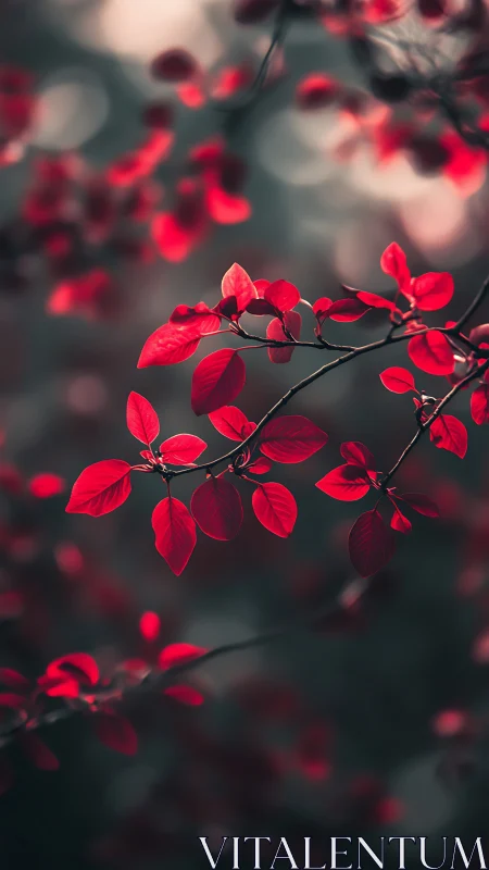 Red foliage branch is recorded against a defocused background