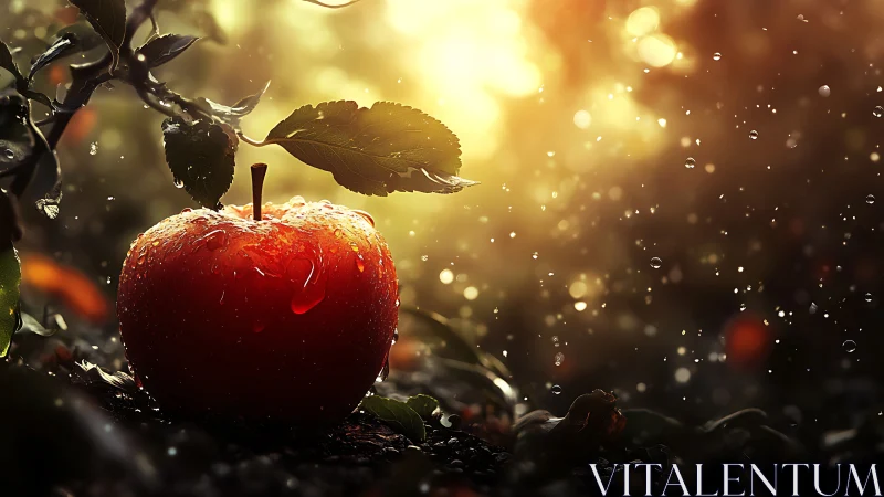 High-gloss red apple with macro water droplets in backlit rain
