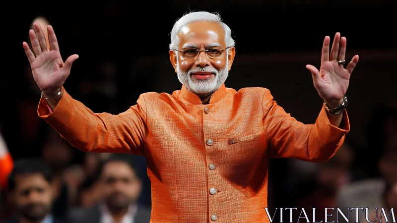 Man in orange traditional jacket raising both hands in greeting.