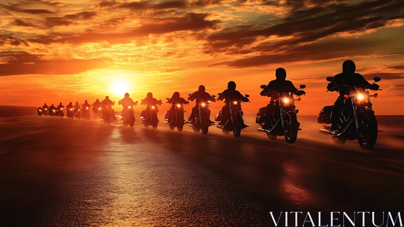 Motorcycle riders surge toward a blazing coastal sunset.
