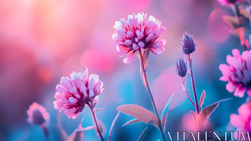 Pink Cosmos Flowers Blooming Against Vibrant Blue Background