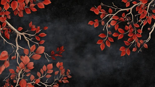 Crimson autumn branches frame a dark atmospheric backdrop