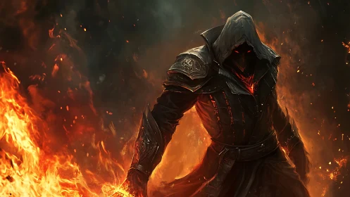 Ember-clad reaper strides through molten twilight flames
