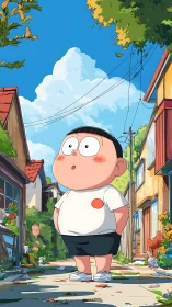 Wide-eyed summer stroll in a sunlit anime neighborhood lane.