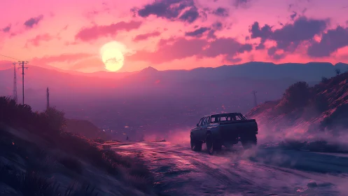 Neon dusk highway with silhouetted pickup crossing vaporous ridge