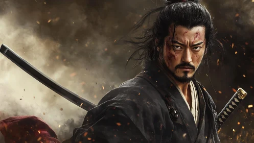 Samurai warrior with drawn katana in smoky battlefield scene.
