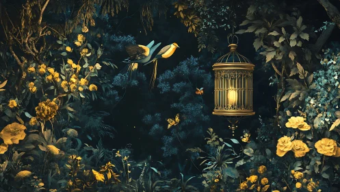 Enchanted night garden surrounds a glowing golden birdcage.