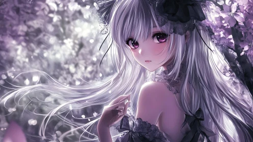 Silver haired anime girl in floral lace dress at dusk.