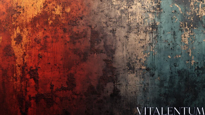 Abstract grunge wall texture in warm red and cool teal tones.