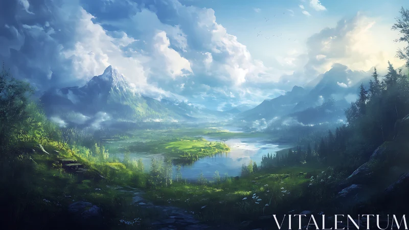 Sunlit alpine valley and lake beneath towering clouds.