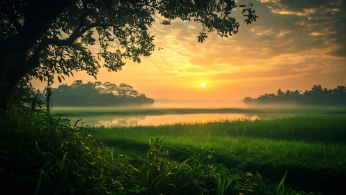 Golden sunrise glows over misty lakeside rice fields
