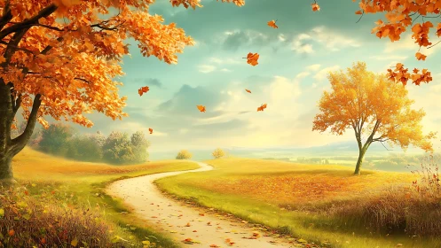 Golden leaves drift while a quiet path curls toward light