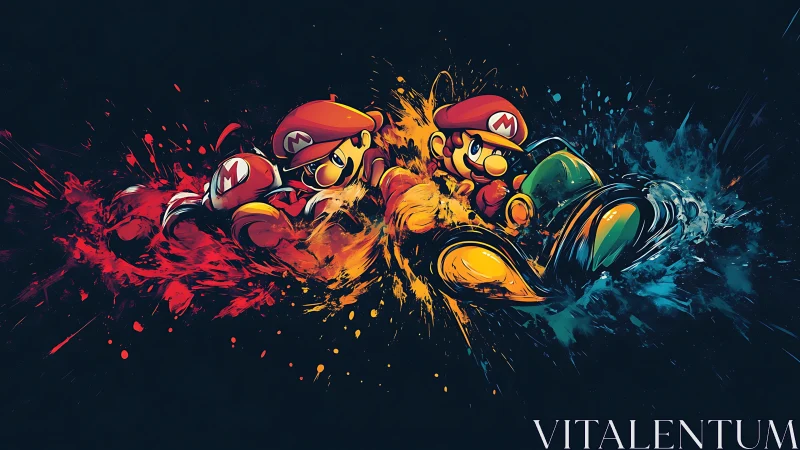 Dynamic Mario kart racers explode in vivid splatter strokes