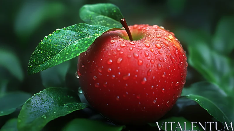Macro red apple with water droplets and specular leaf highlights