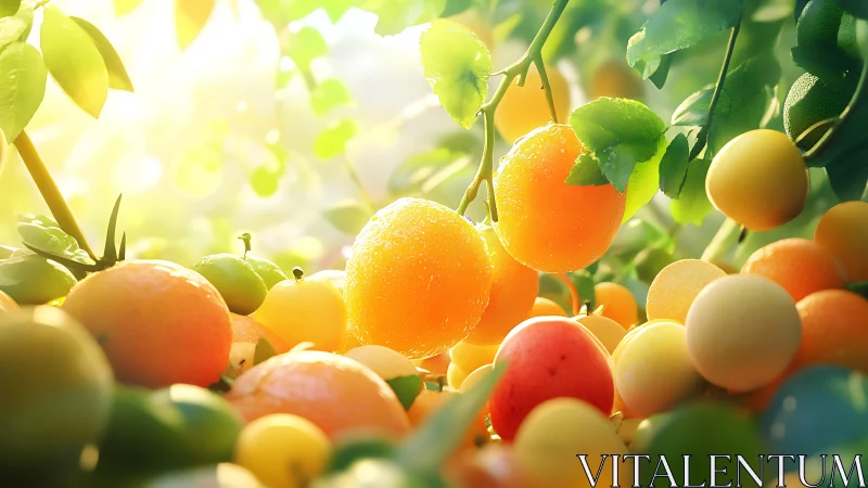 Sunlit citrus orchard renders ripe dewy fruit in closeup