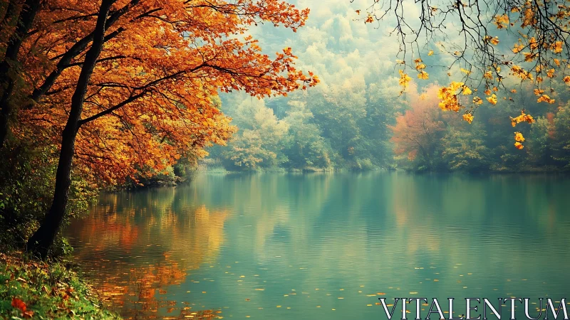 Calm forest lake reflects dense autumn foliage and branches