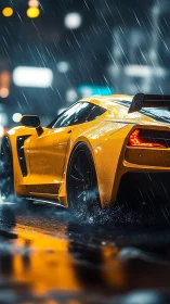 Yellow supercar in cinematic rain with reflective wet asphalt