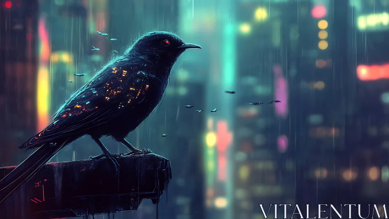 Cybernetic crow perched over neon-soaked rainy skyline.