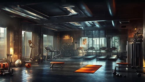 Industrial style gym interior with mixed exercise equipment.