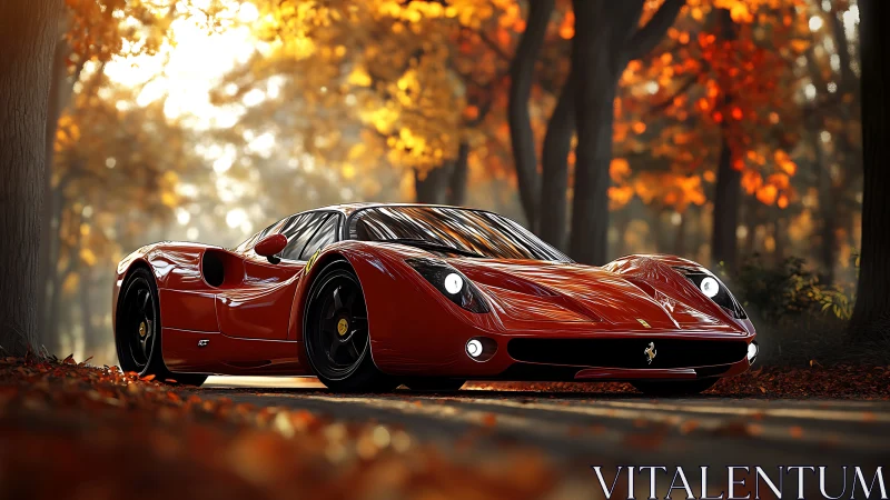 Crimson supercar glides through a glowing autumn forest lane