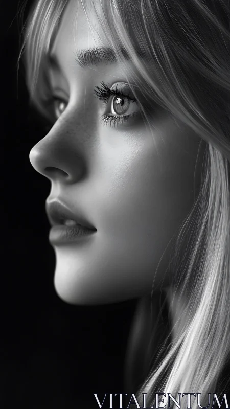 Monochrome close profile portrait with sculpted soft lighting.