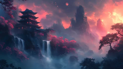 Luminous mountain pagoda amid volumetric mist and waterfalls.