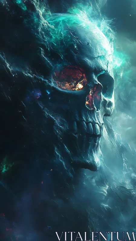 Cosmic spectral skull emerging from iridescent nebular void.