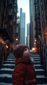 Young Wonder Gazes Skyward Through Urban Canyon