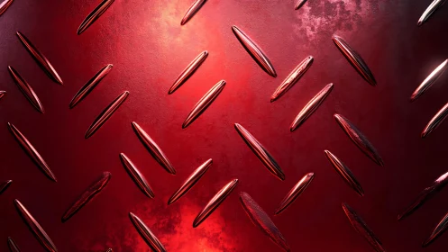 Red diamond plate metal texture with industrial lighting effect.