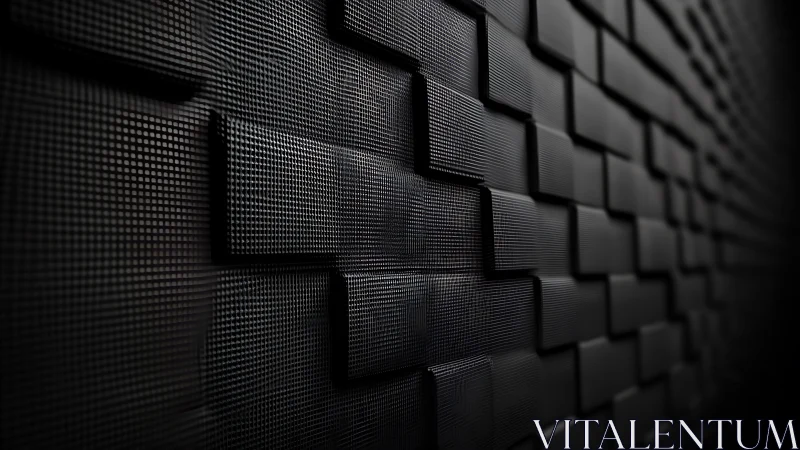 Dark staggered 3D grid tiles form a curved abstract wall