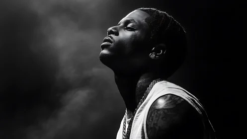 Quiet spotlight on a reflective soul in deep monochrome.