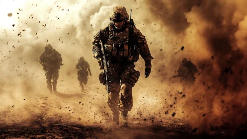 Armored infantry squad advances through dense battlefield dust and debris