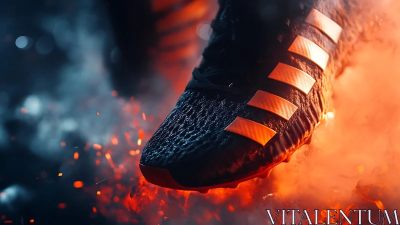 Photorealistic running shoe close-up in dynamic fire-lit environment.