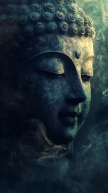 Serene Buddha sculpture in teal mist with meditative glow.