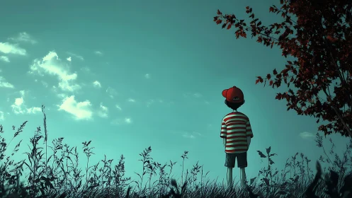 Boy in striped shirt watches teal evening sky alone.